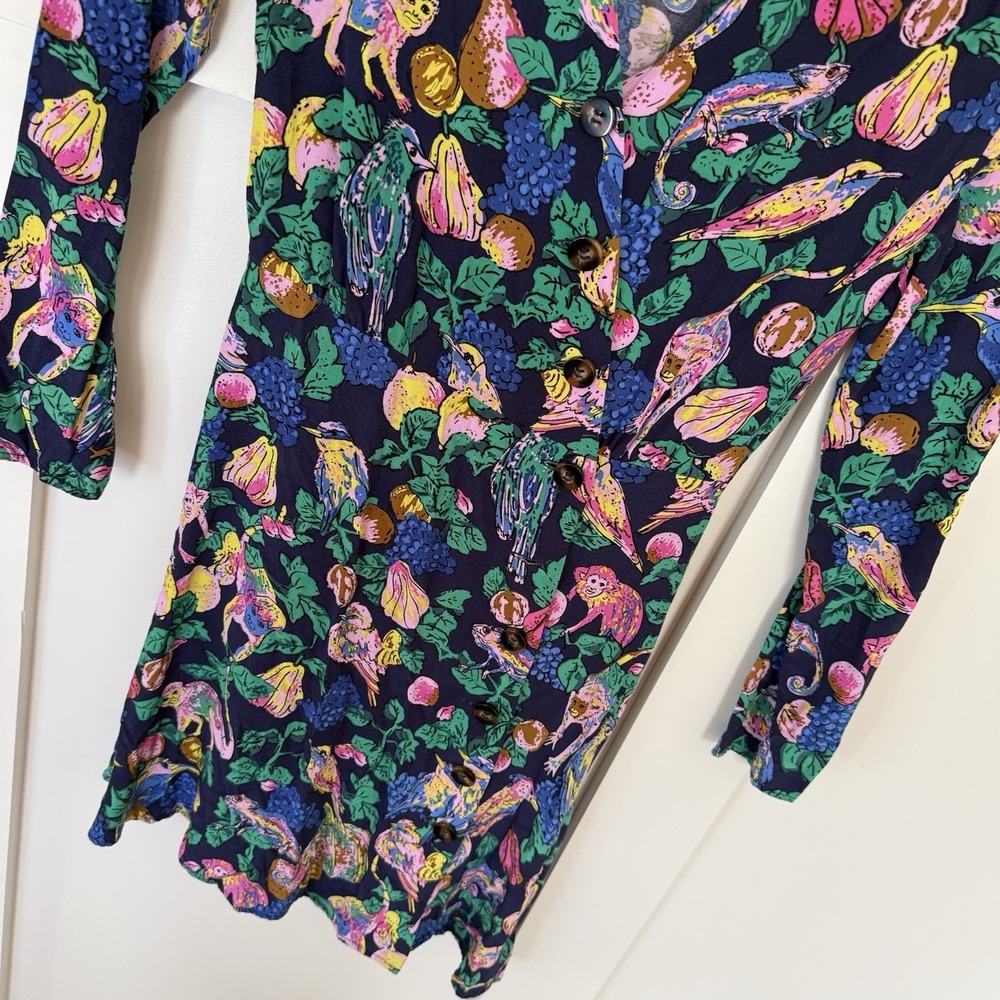 & Other Stories Monkey Print Dress Size 0 Colorful Asymmetric Button Up Tropical - Picture 3 of 8